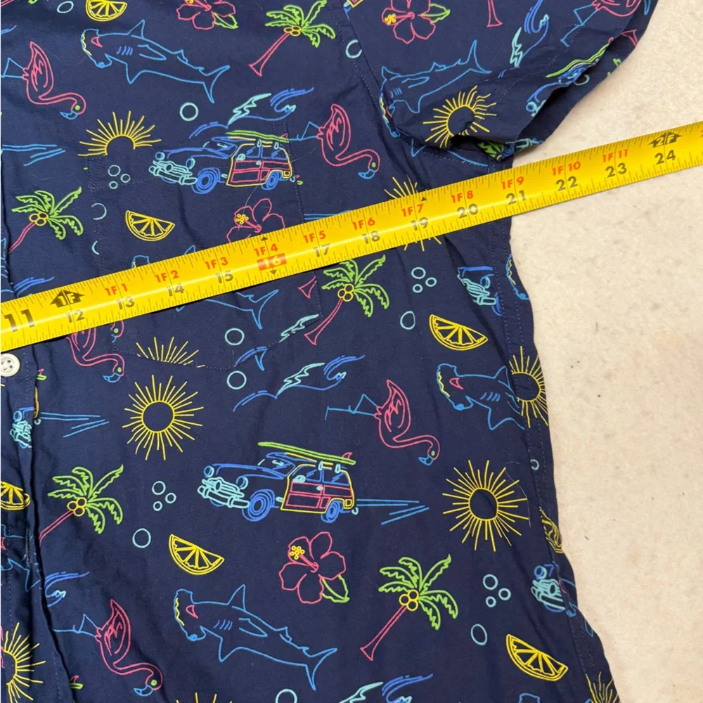 NWOT J. Crew‎ Men’s L Navy Surf Beach AOP Short Sleeve Slim Flex Button Down